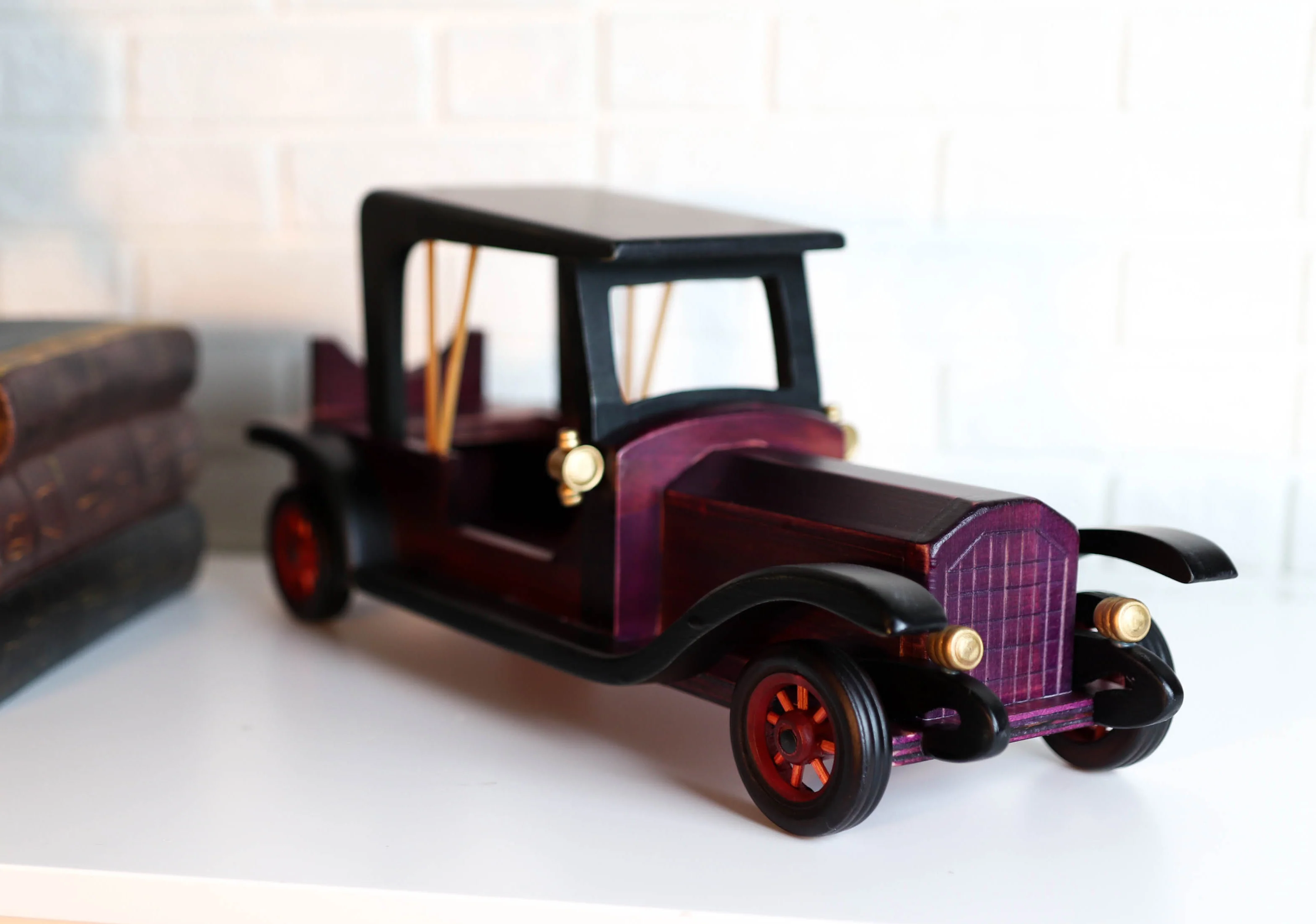 Hand Made Wood Retro Antique Style Purple Model T Sedan Car Wine Holder Figurine - Image 9