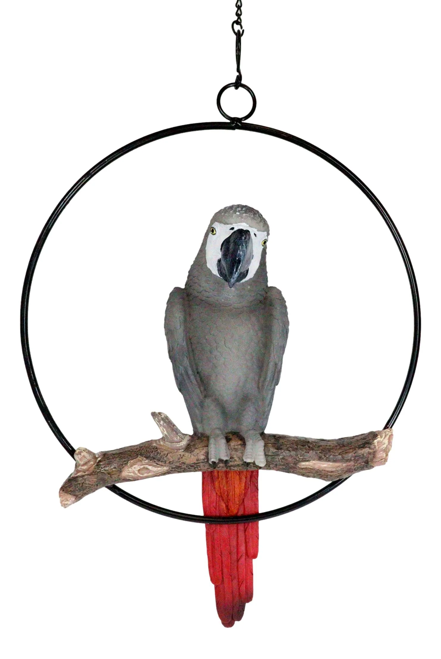 Hanging Grey Macaw Parrot Bird Perching On Branch With Metal Round Ring 13.5" H - Image 2