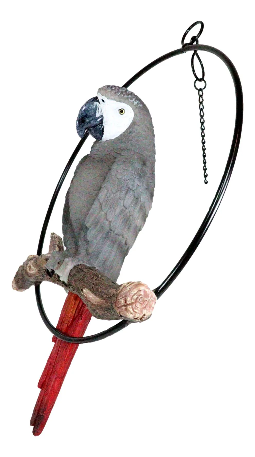 Hanging Grey Macaw Parrot Bird Perching On Branch With Metal Round Ring 13.5" H - Image 4