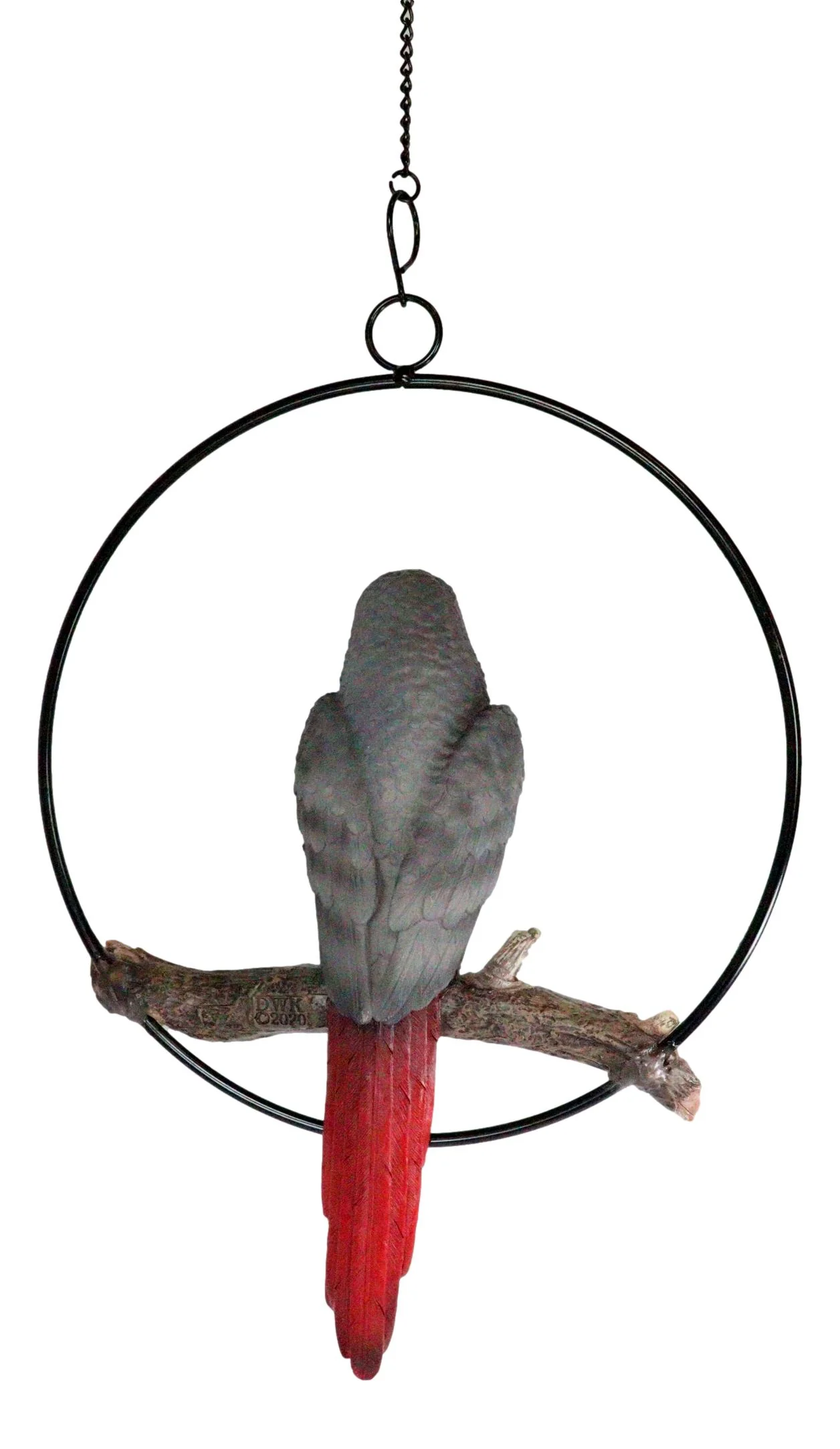 Hanging Grey Macaw Parrot Bird Perching On Branch With Metal Round Ring 13.5" H - Image 5