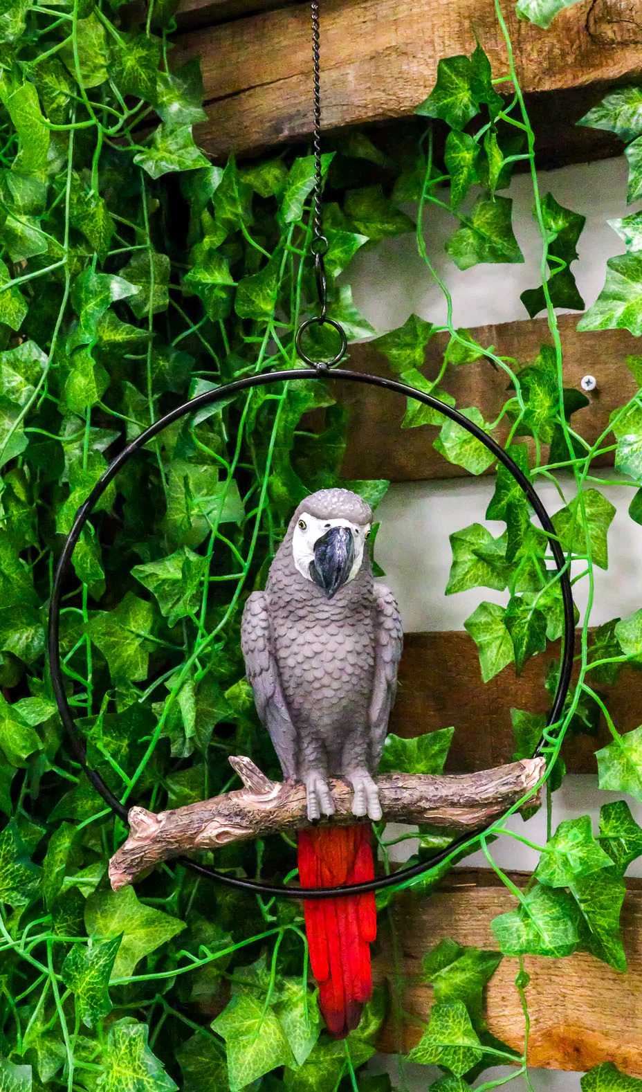 Hanging Grey Macaw Parrot Bird Perching On Branch With Metal Round Ring 13.5" H - Image 6
