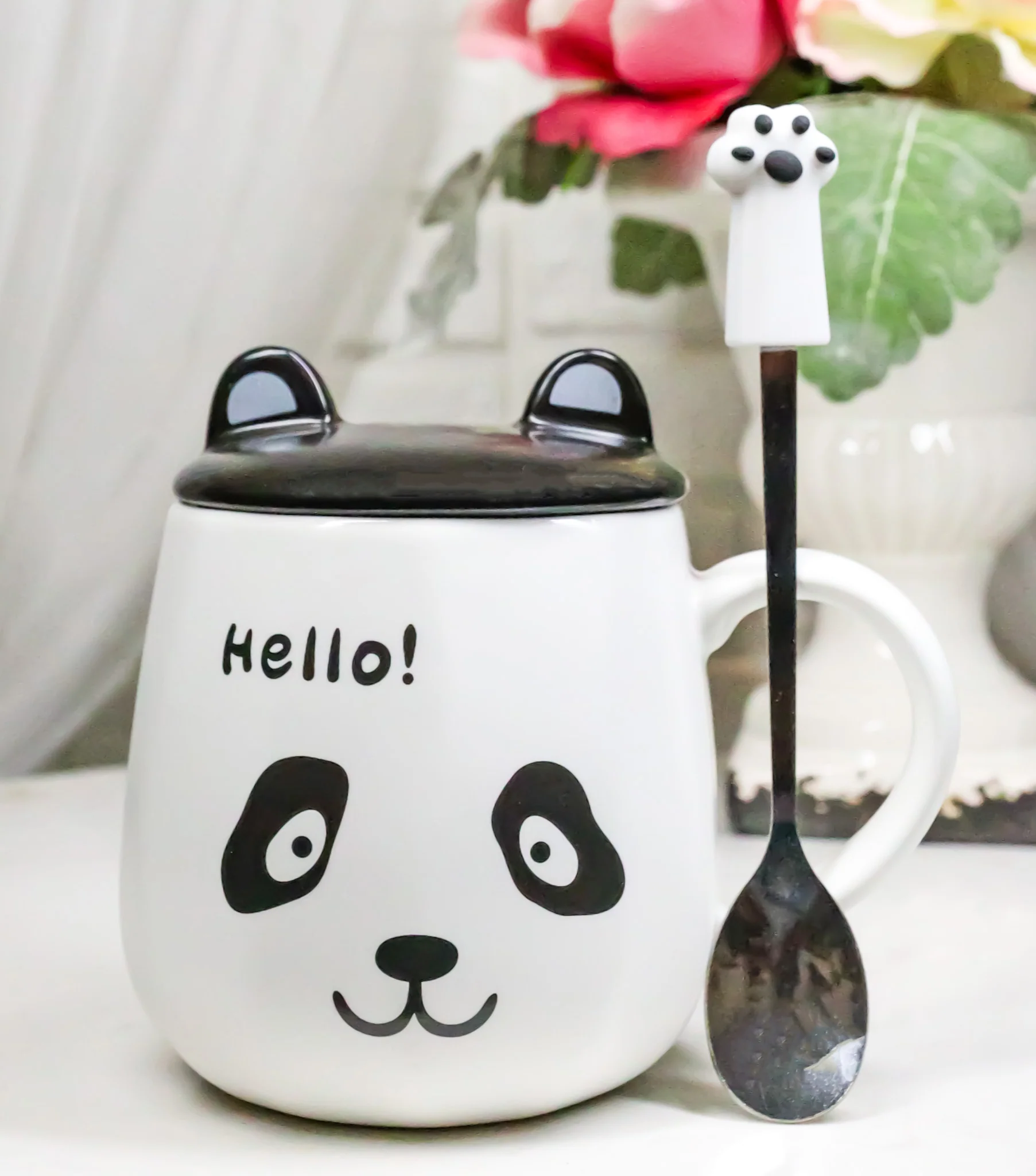 Hello Panda Bear Ceramic Coffee Mug Cup With Spoon And Perky Ears Lid 14oz - Image 10