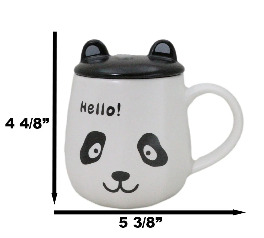 Hello Panda Bear Ceramic Coffee Mug Cup With Spoon And Perky Ears Lid 14oz - Image 2