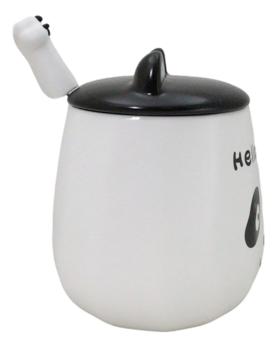Hello Panda Bear Ceramic Coffee Mug Cup With Spoon And Perky Ears Lid 14oz - Image 3