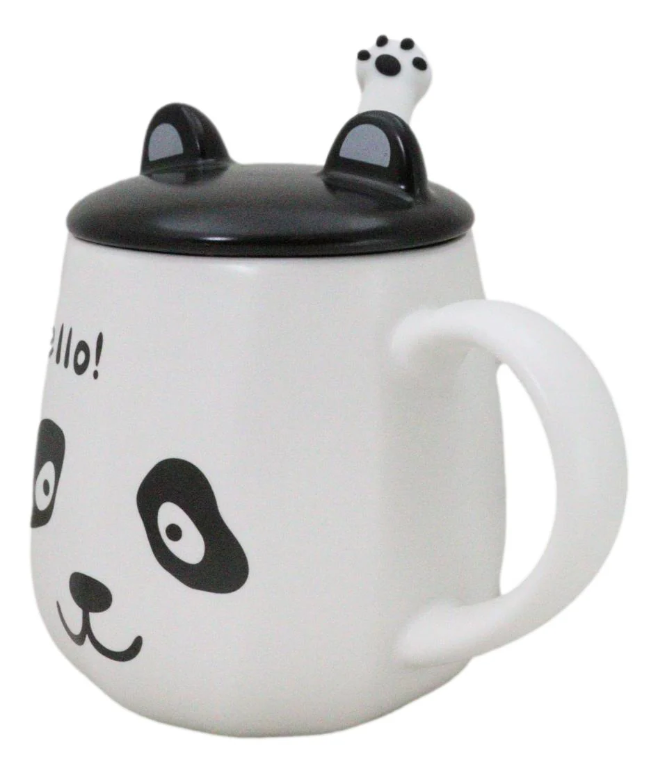 Hello Panda Bear Ceramic Coffee Mug Cup With Spoon And Perky Ears Lid 14oz - Image 5