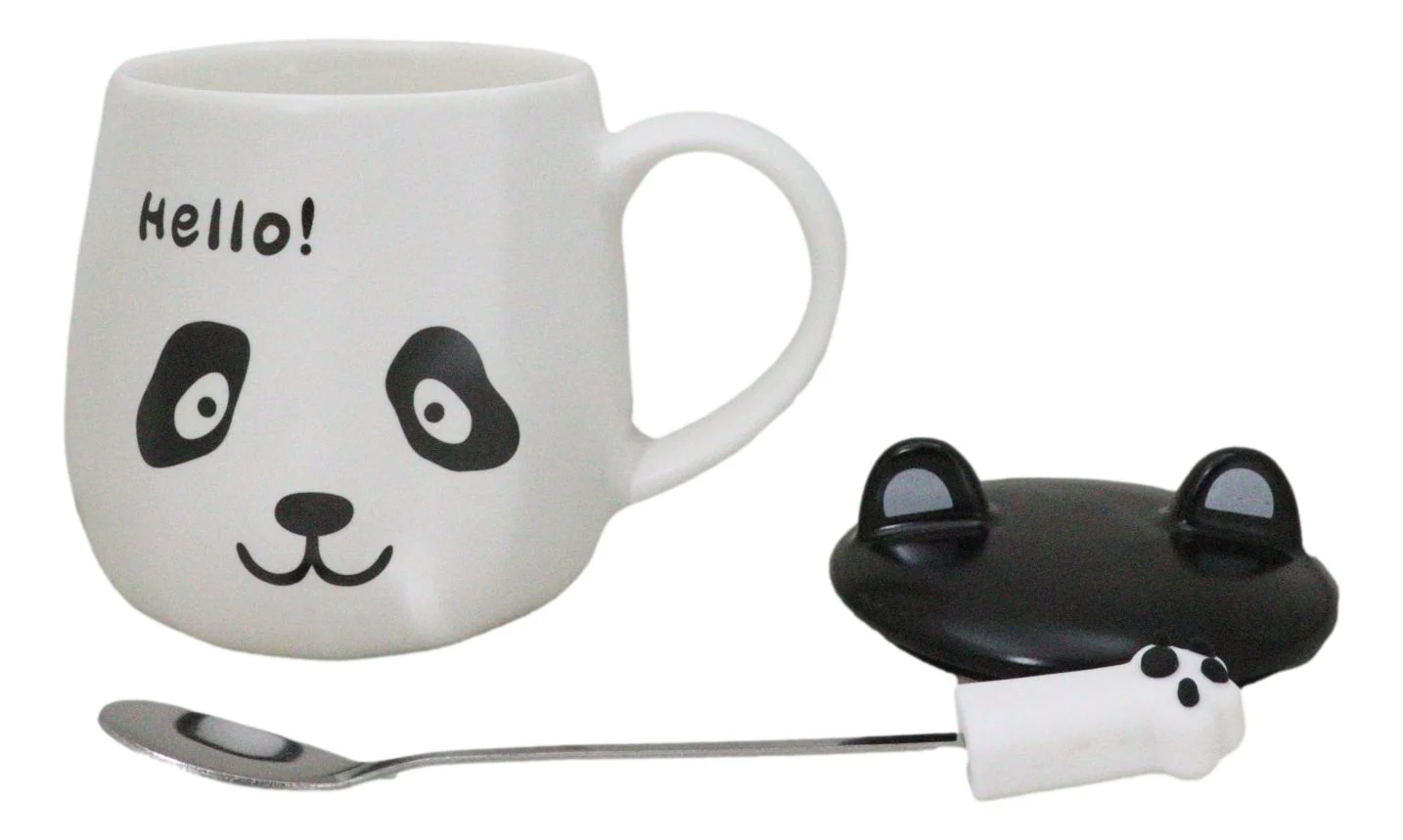Hello Panda Bear Ceramic Coffee Mug Cup With Spoon And Perky Ears Lid 14oz - Image 8