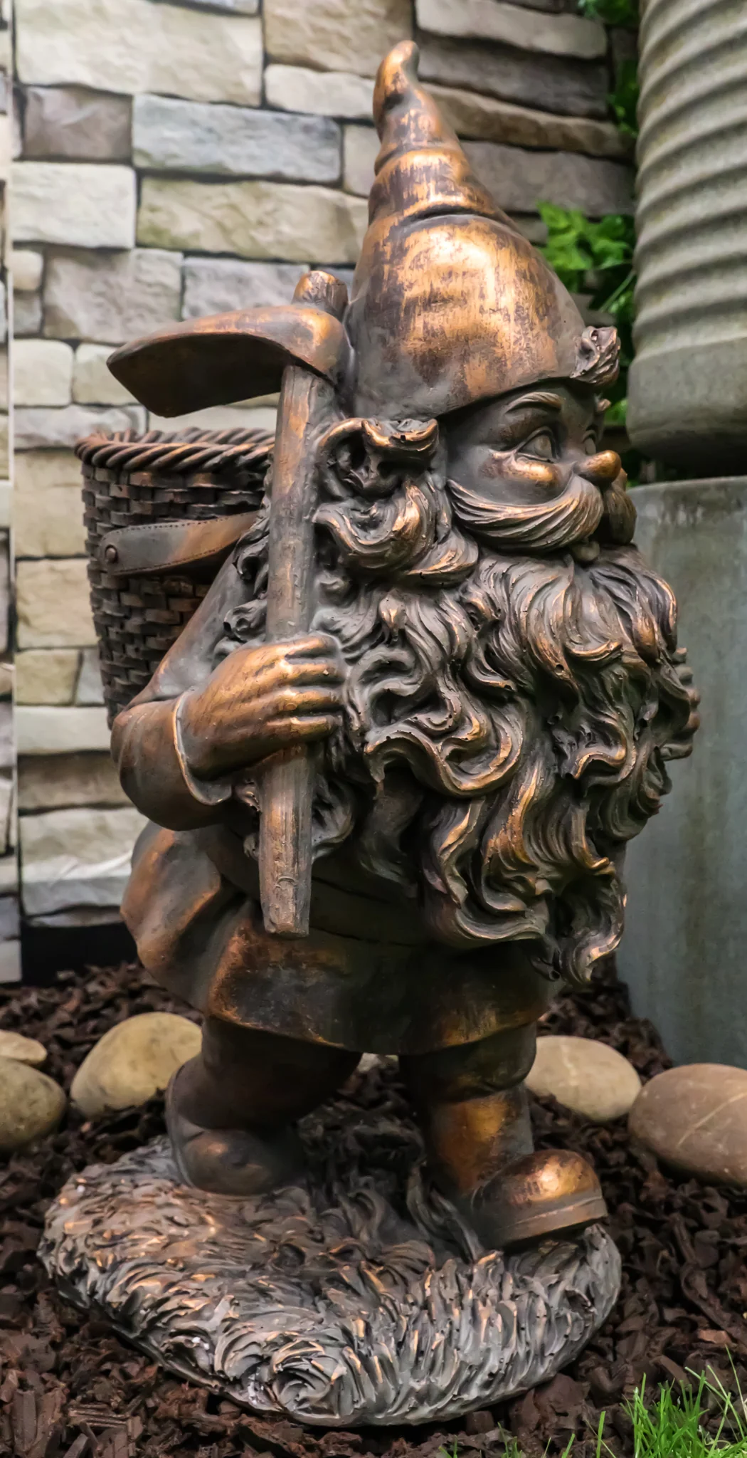 Hiking Garden Gnome With Spade And Wicker Basket Bag Floral Planter Vase Statue - Image 11