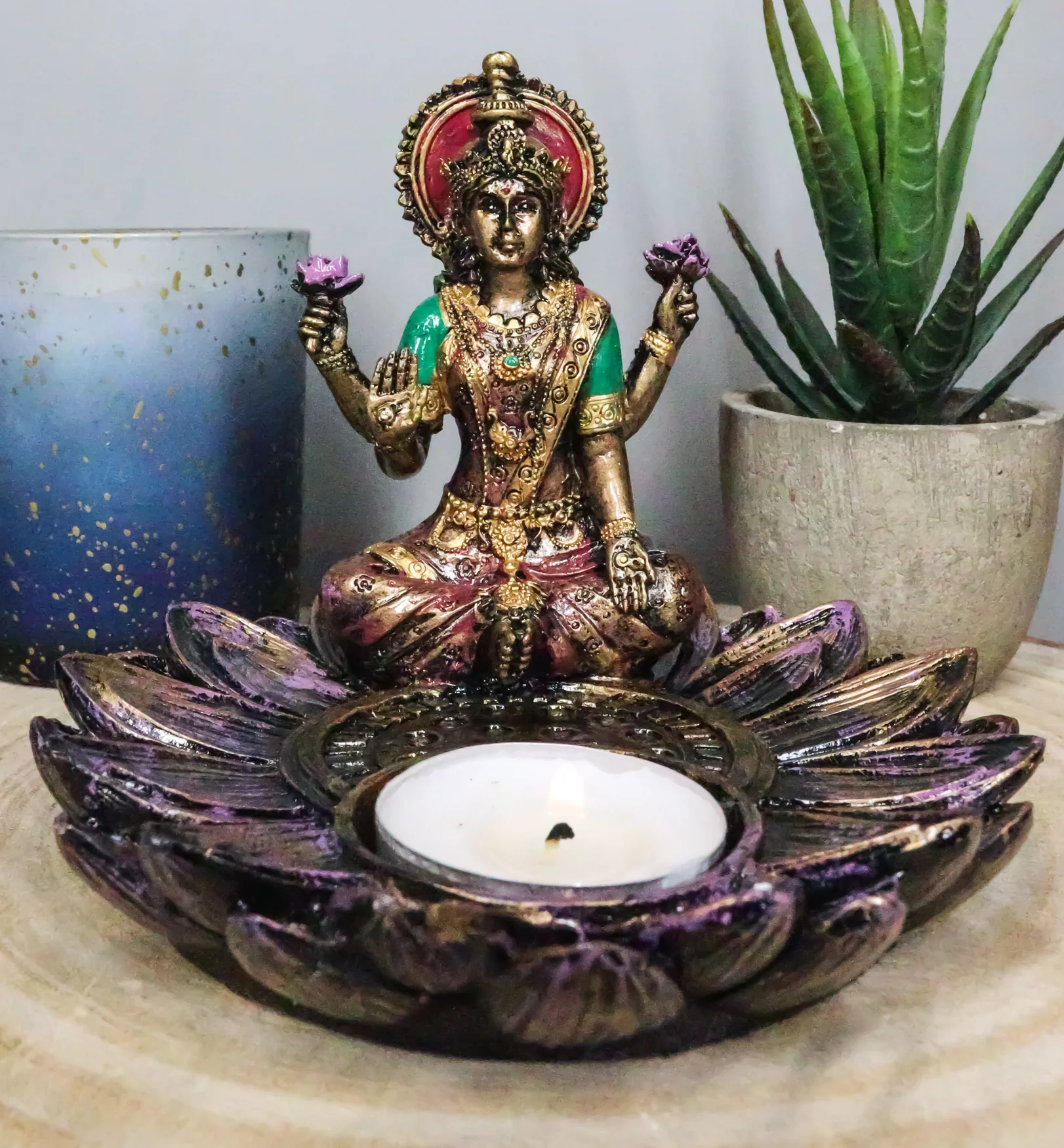 Hindu Goddess Sri Lakshmi On Lotus Padma Flower Votive Candle Holder Figurine - Image 9