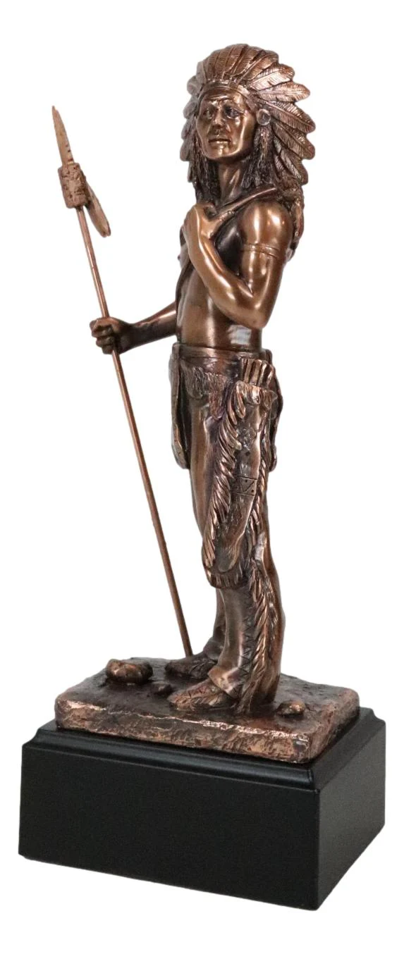 Indian Chief Hero With Spear Hunter Electroplated Bronze Figurine With Base - Image 5