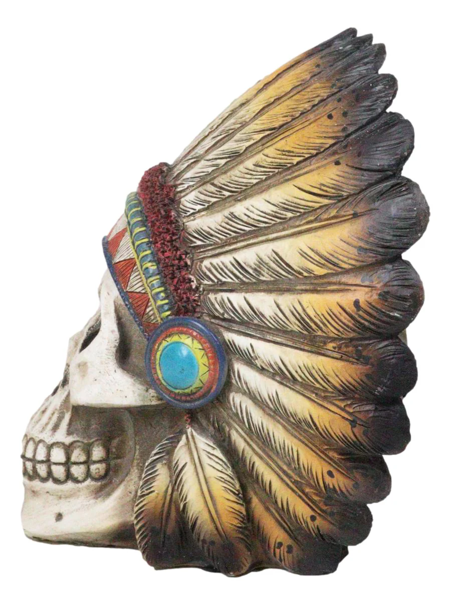 Indian Eagle Chief Skull with Turquoise Rocks Tribal Warrior Headdress Figurine - Image 5