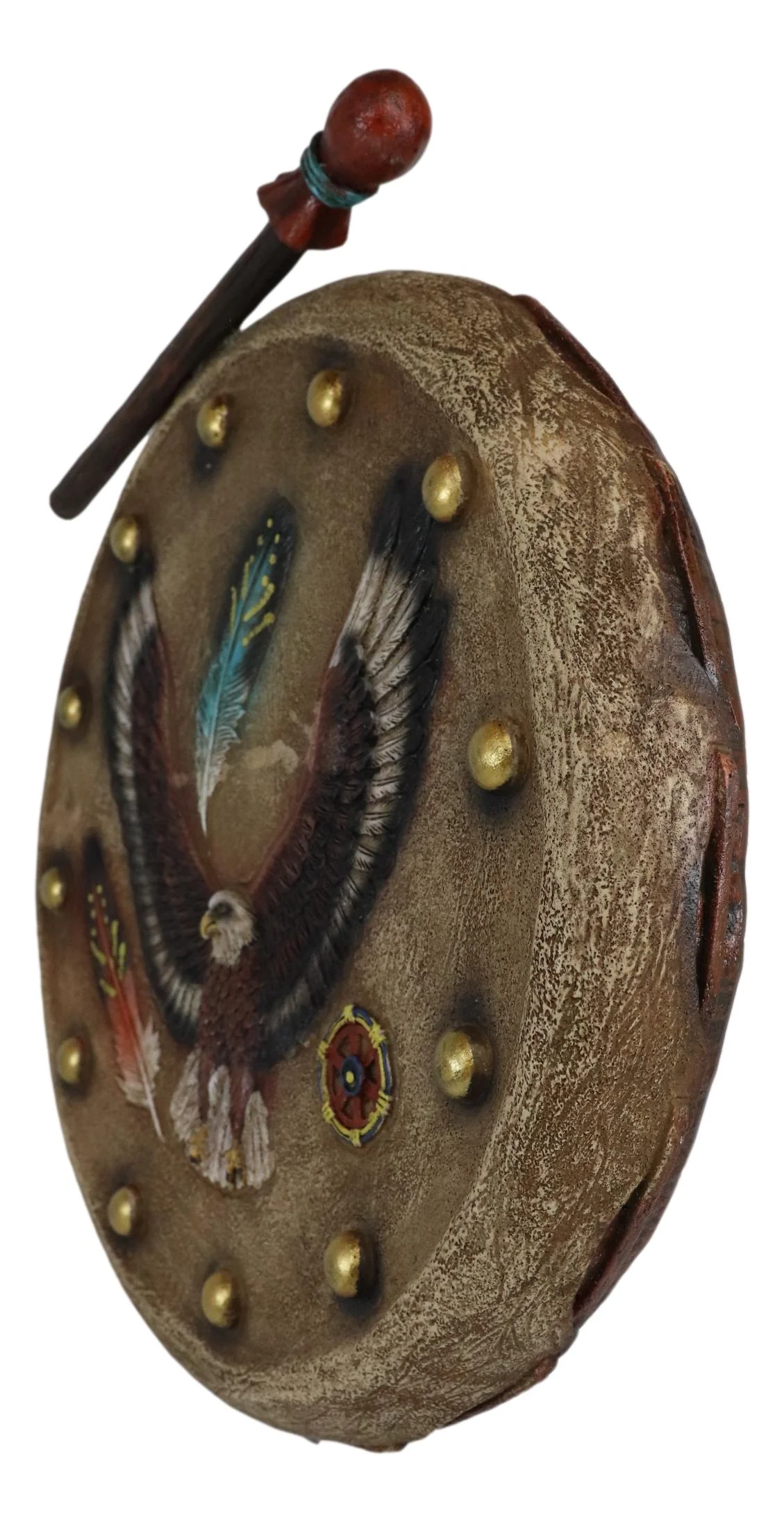 Indian Soaring Eagle and Feathers Warpath Drum And Stick Wall Plaque Figurine - Image 4
