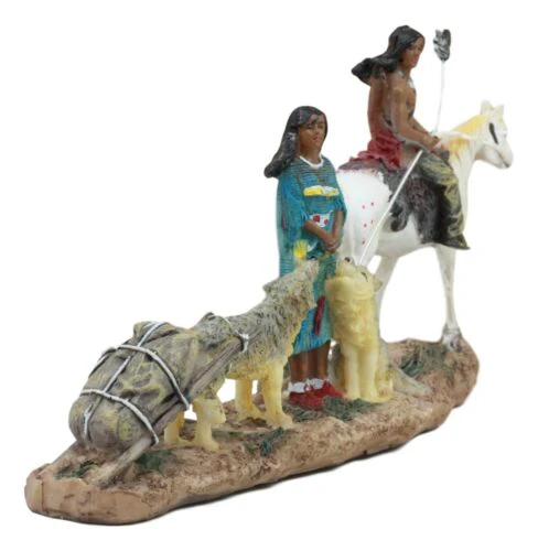 Indigenous Native American Indian Family With Horse And Wolves Migration Statue - Image 2