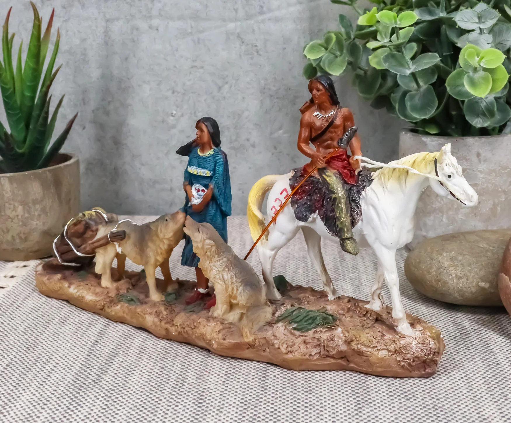 Indigenous Native American Indian Family With Horse And Wolves Migration Statue - Image 7