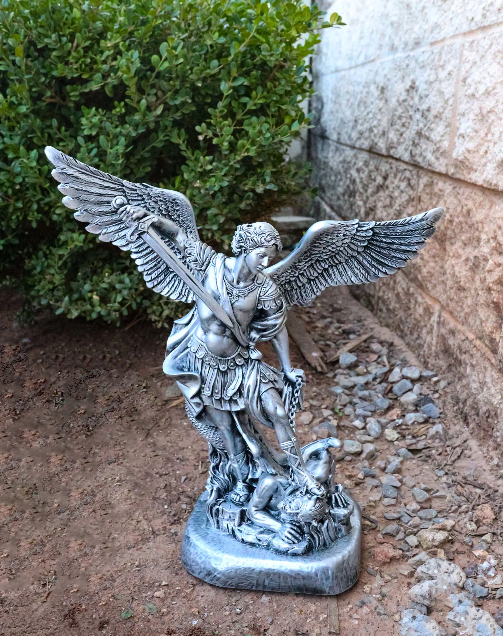 Italian Silver Archangel Saint Michael Trampling Satan With Sword Statue 16"H - Image 9