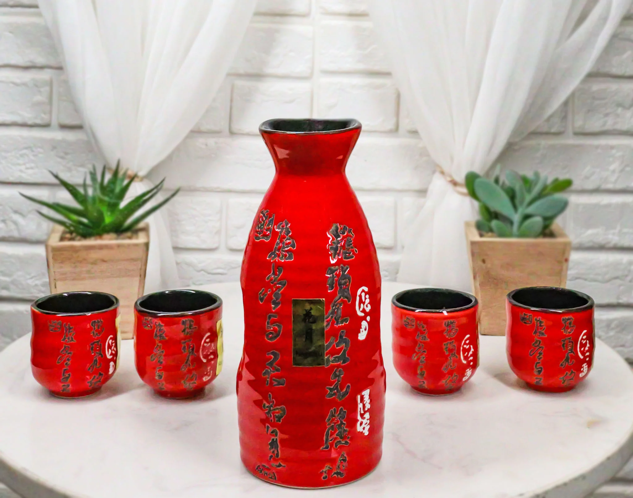 Japanese 12oz Ceramic Red Calligraphy of Fortune Sake Set Flask With Four Cups - Image 10