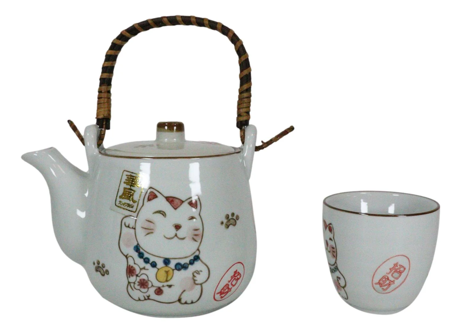 Japanese Maneki Neko Ceramic Tea Set Pot and Cups Lucky Charm Cat Serves 4 - Image 4