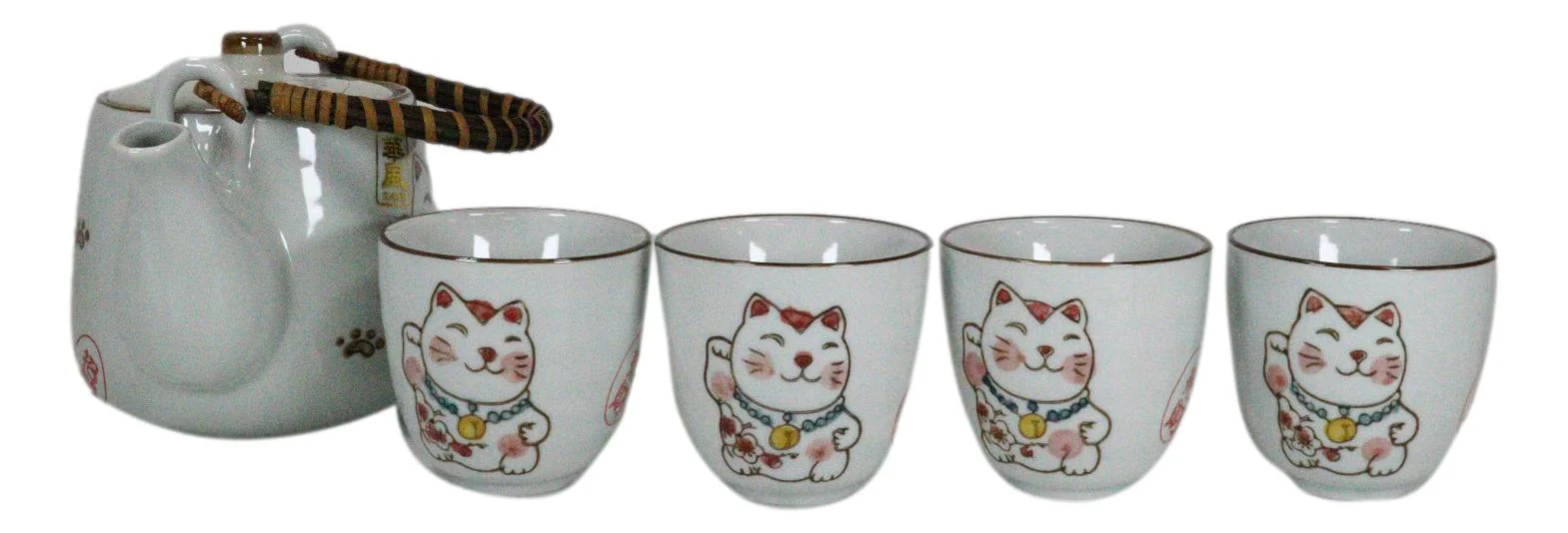 Japanese Maneki Neko Ceramic Tea Set Pot and Cups Lucky Charm Cat Serves 4 - Image 5