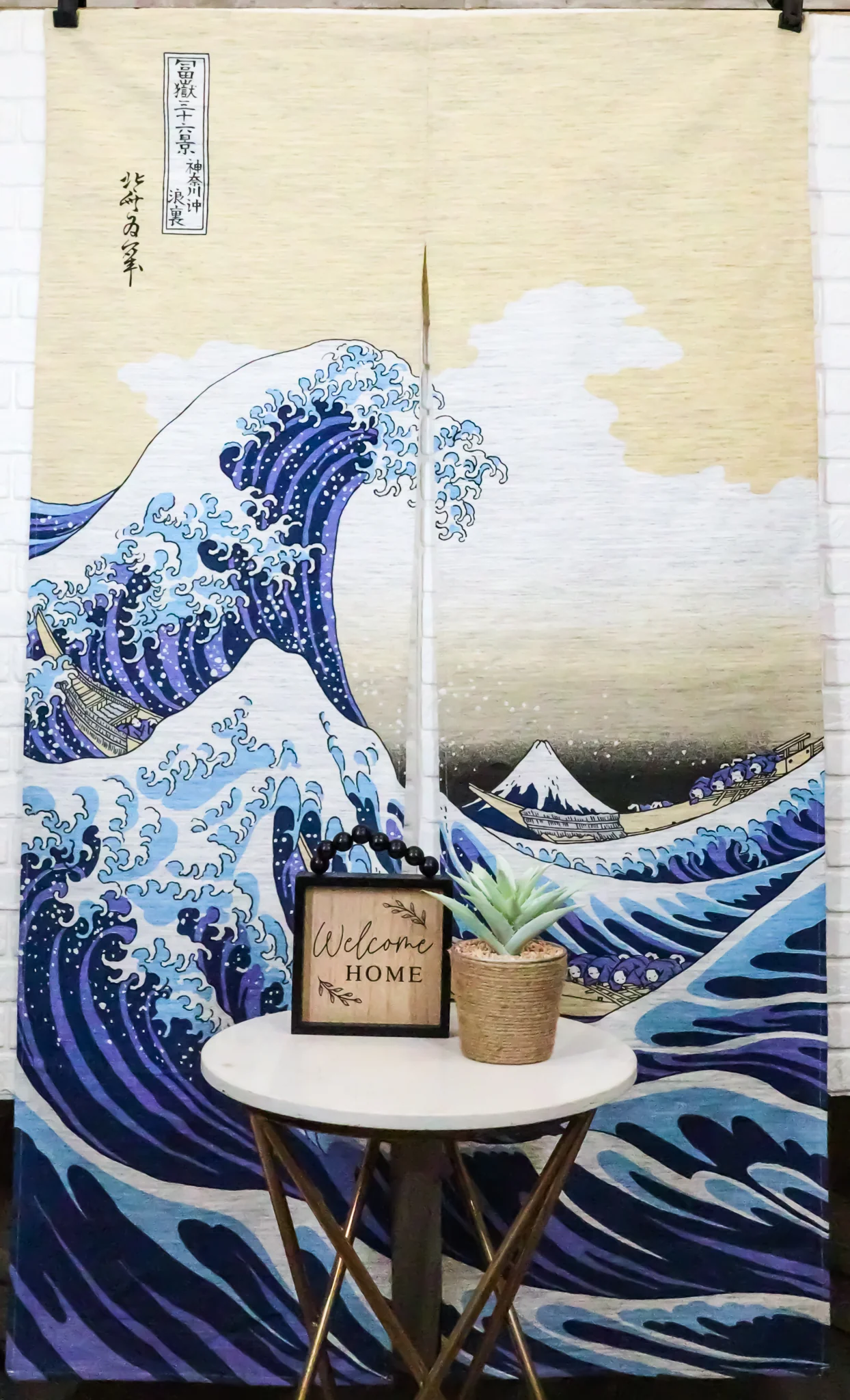 Japanese Noren Curtain Tapestry The Great Wave Off Kanagawa Mount Fuji Beige - Image 3