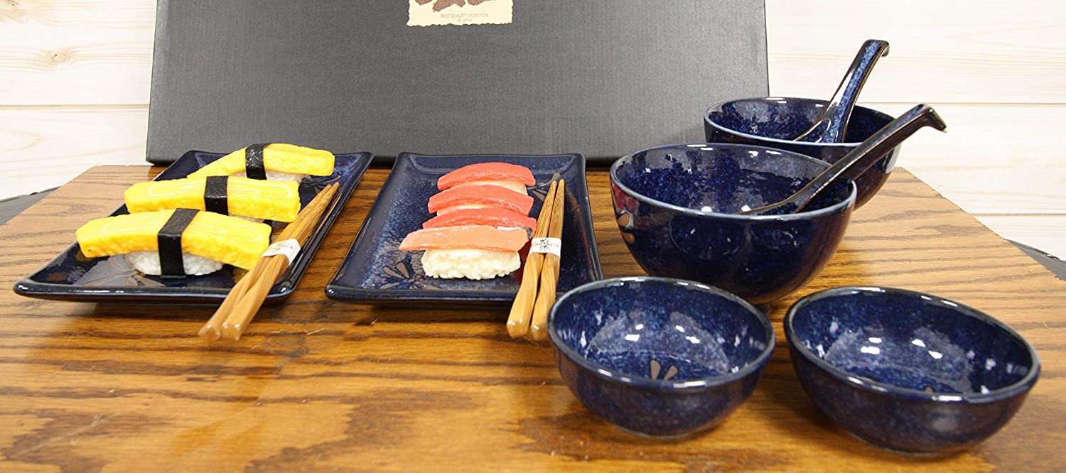 Japanese Pair Of Dragonfly Blue Motif Ceramic Sushi Dinnerware 10pc Set For Two - Image 2