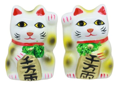 Japanese Right And Left Paws Beckoning Cat Maneki Neko Ceramic Figurine Set of 2 - Image 2