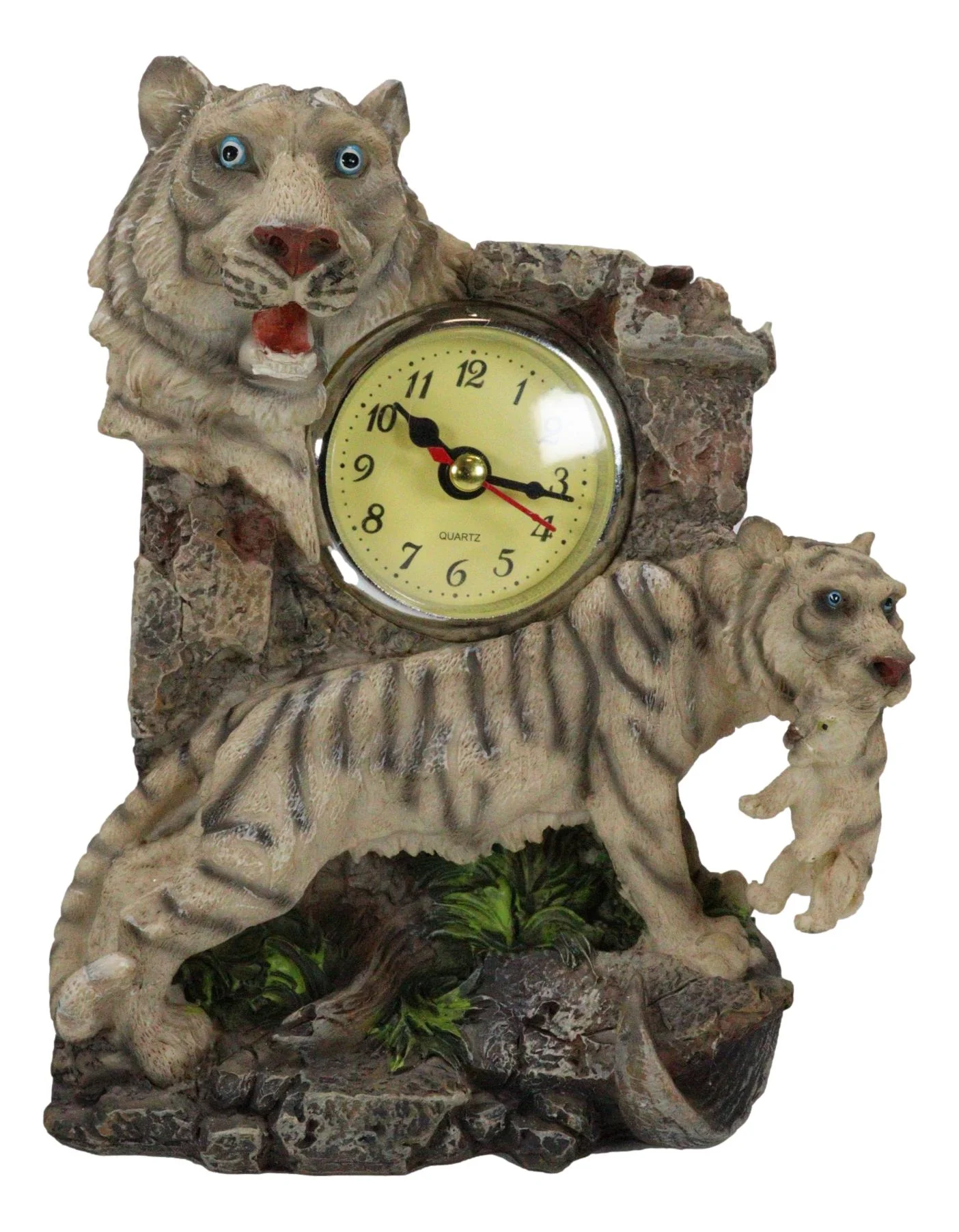 Jungle Rainforest Apex Predator White Tiger And Cub Family Table Clock Figurine - Image 4