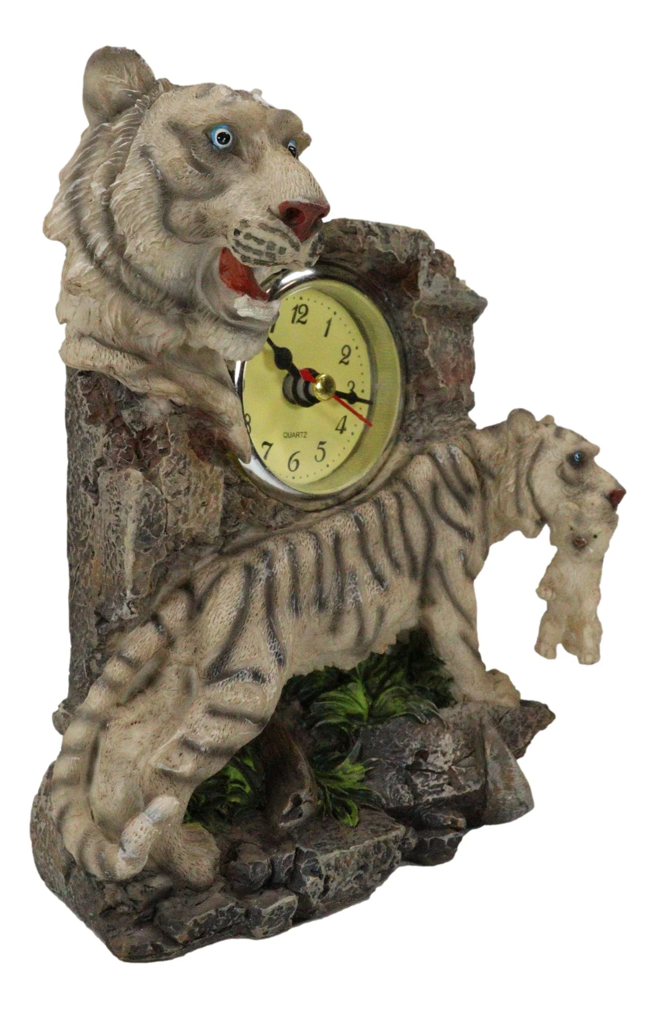 Jungle Rainforest Apex Predator White Tiger And Cub Family Table Clock Figurine - Image 6