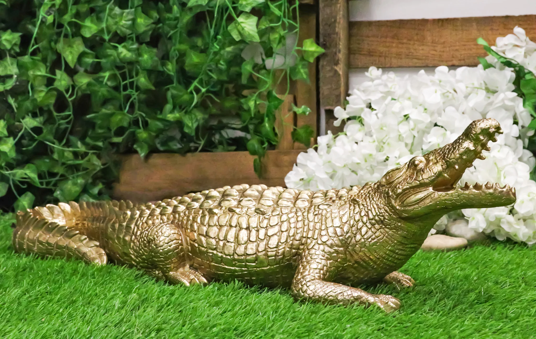 Large 2 Feet Gold Patina Crocodile Baring Jaws and Razor Teeth Garden Statue - Image 10