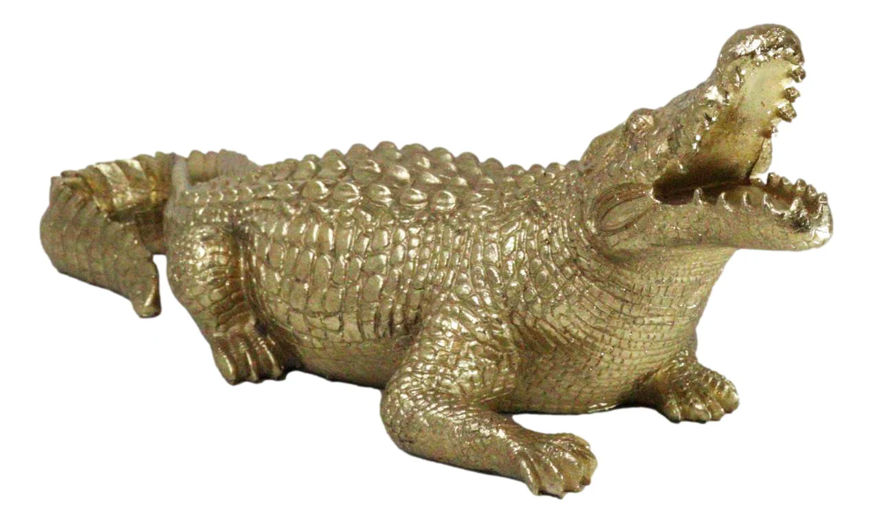 Large 2 Feet Gold Patina Crocodile Baring Jaws and Razor Teeth Garden Statue - Image 3