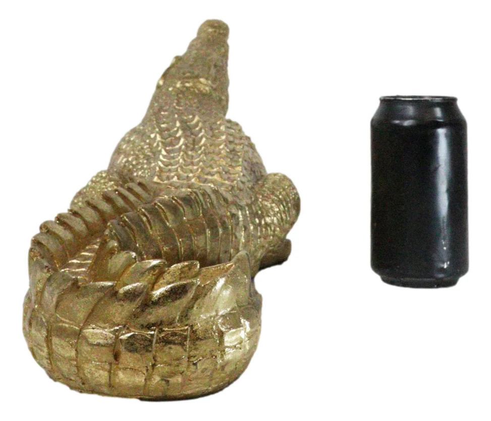 Large 2 Feet Gold Patina Crocodile Baring Jaws and Razor Teeth Garden Statue - Image 9