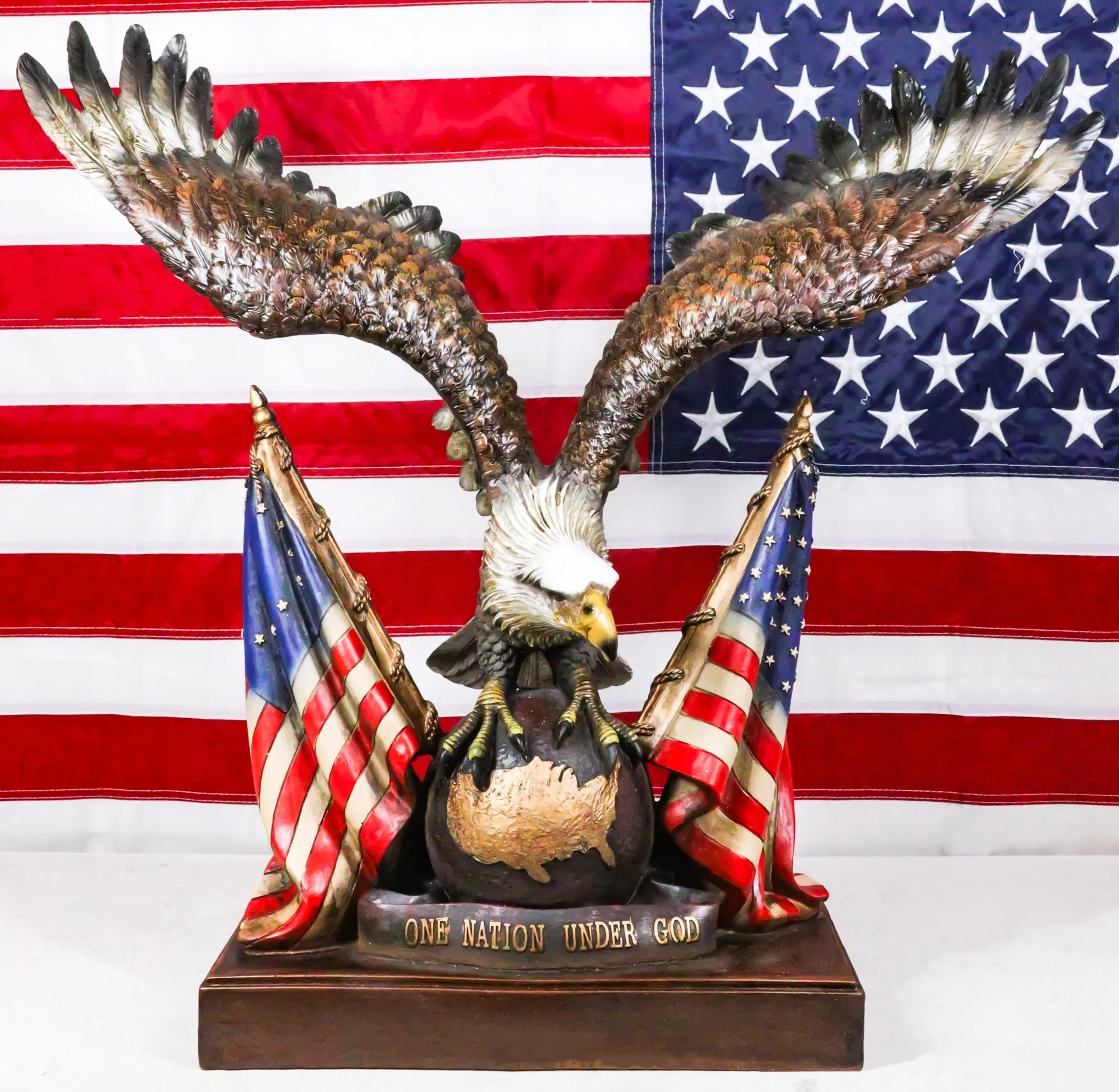 Large 20"H Bald Eagle On Globe With American Flags One Nation Under God Statue - Image 10