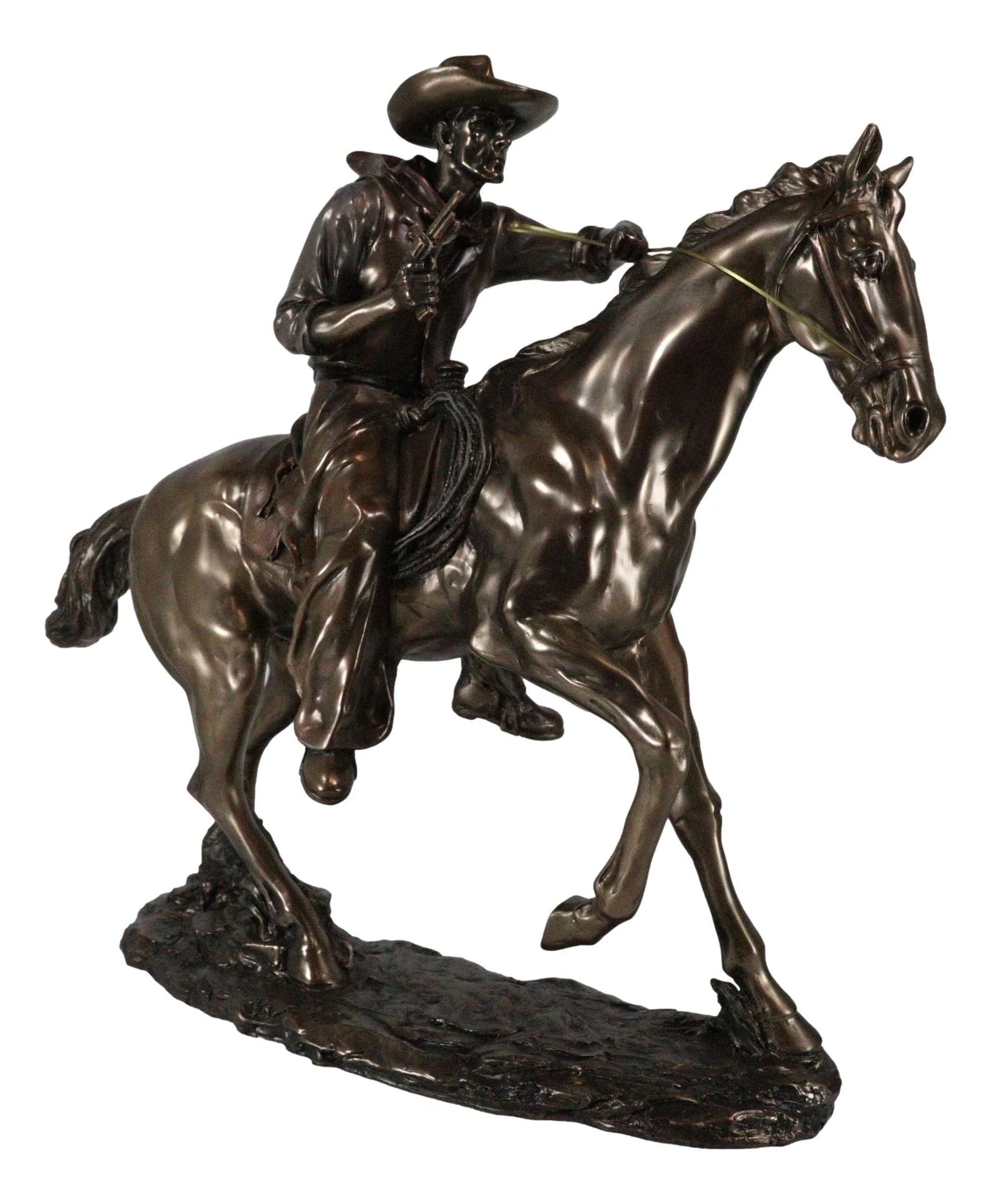 Large 21"Long Cowboy With Pistol On Horse Figurine Faux Bronze Resin Statue - Image 5