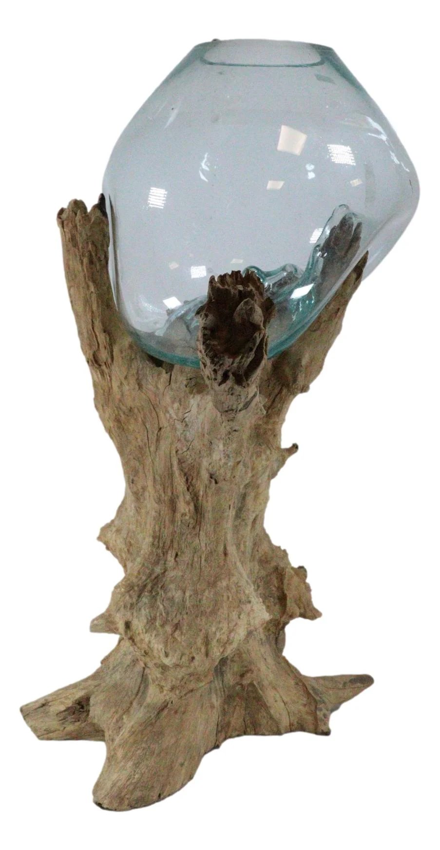 Large 28"H Bali Handicraft Driftwood With Molten Glass Bowl Vase Aquarium Decor - Image 3