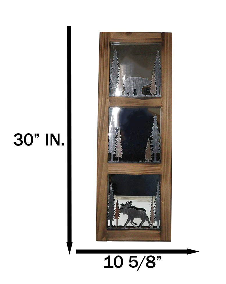 Large 30"H Western Rustic Bear And Moose In Pine Trees Forest Wooden Wall Mirror - Image 2