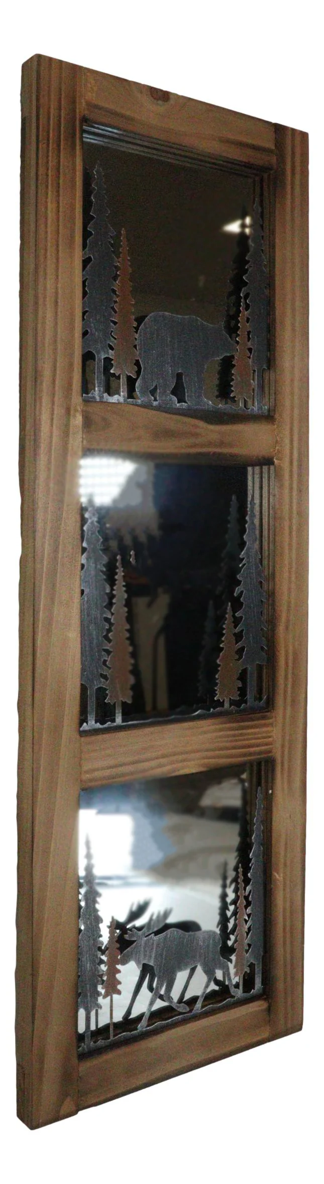 Large 30"H Western Rustic Bear And Moose In Pine Trees Forest Wooden Wall Mirror - Image 3