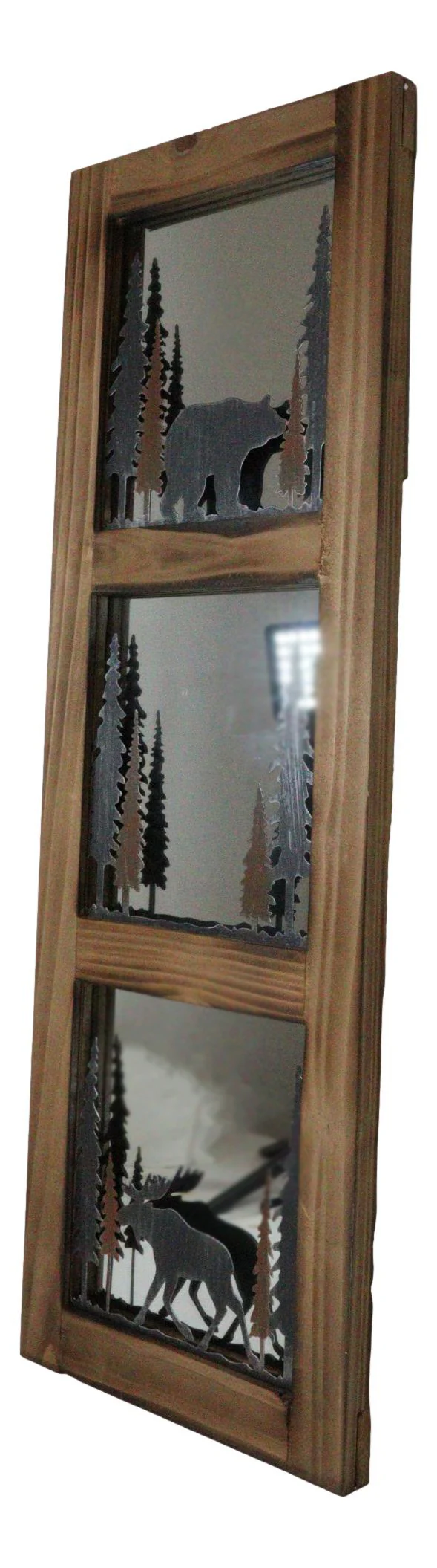 Large 30"H Western Rustic Bear And Moose In Pine Trees Forest Wooden Wall Mirror - Image 4