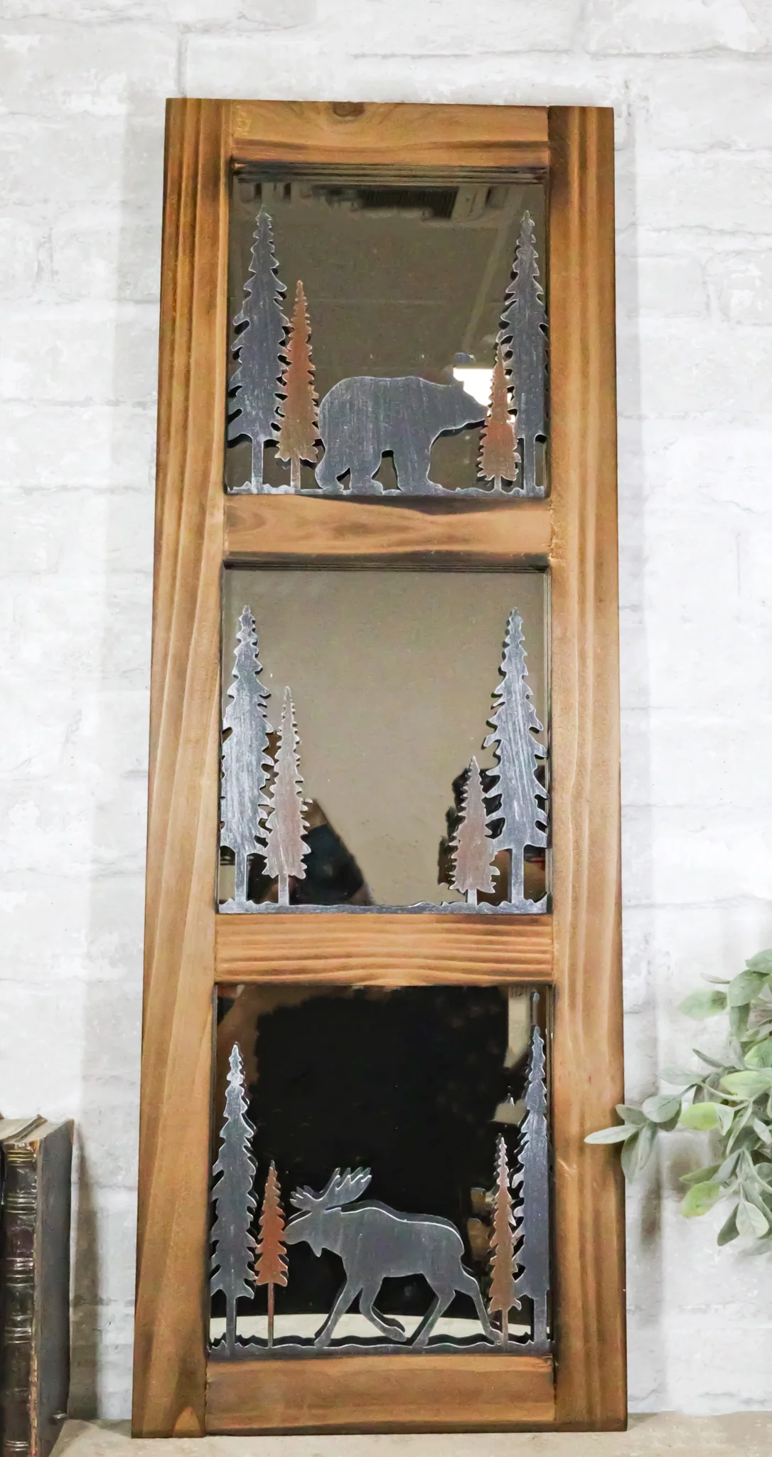 Large 30"H Western Rustic Bear And Moose In Pine Trees Forest Wooden Wall Mirror - Image 9