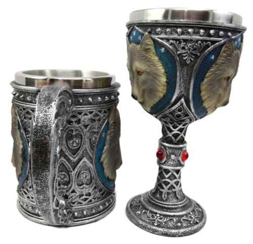 Large Celtic Blue Alpha Gray Wolf Mug And Wolf Wine Goblet Chalice Cup Set of 2 - Image 2