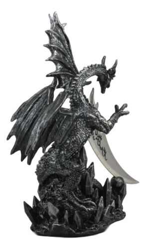 Large Dreamwork Fantasy Obsidian Dragon Statue With Fire Dagger Letter Opener - Image 2