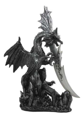 Large Dreamwork Fantasy Obsidian Dragon Statue With Fire Dagger Letter Opener - Image 3