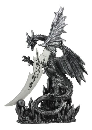 Large Dreamwork Fantasy Obsidian Dragon Statue With Fire Dagger Letter Opener - Image 4