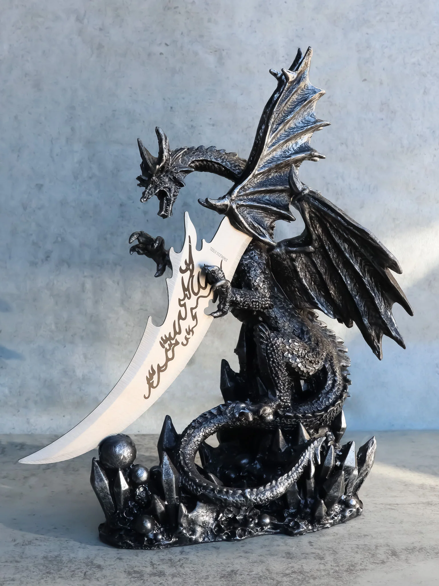 Large Dreamwork Fantasy Obsidian Dragon Statue With Fire Dagger Letter Opener - Image 7
