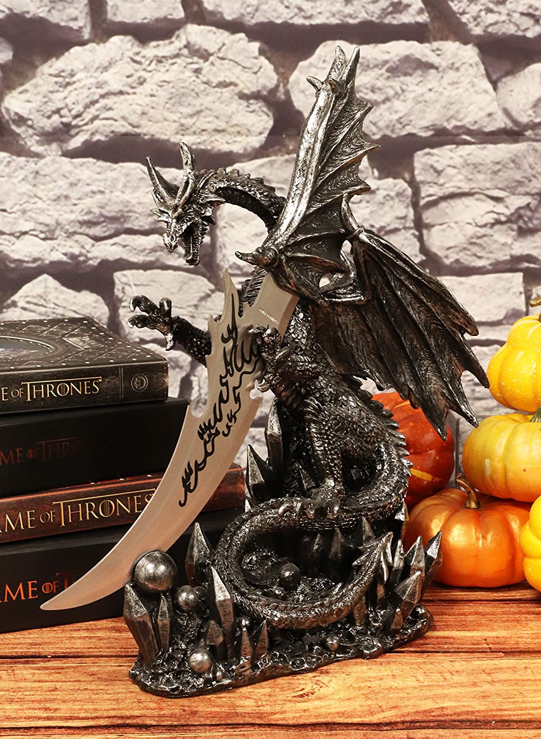 Large Dreamwork Fantasy Obsidian Dragon Statue With Fire Dagger Letter Opener - Image 9