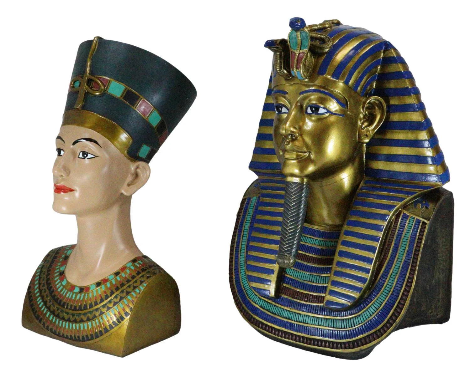 Large Egyptian Pharaoh King Tut And Queen Nefertiti Bust Statue Set Of 2 Decor - Image 4