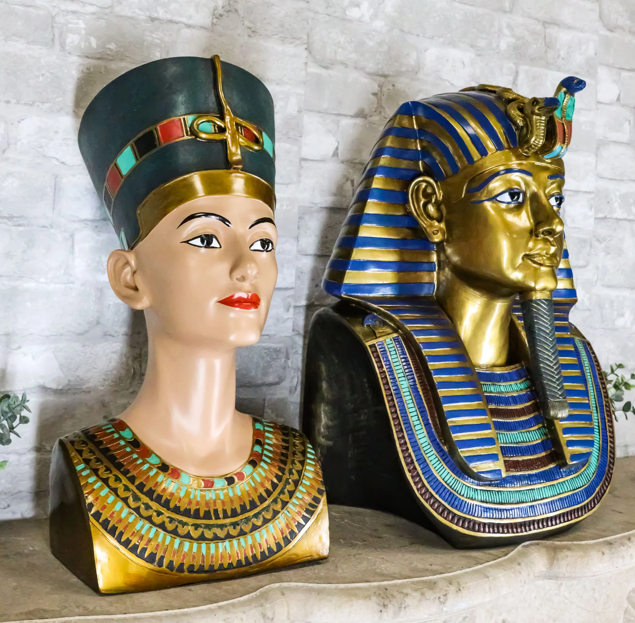 Large Egyptian Pharaoh King Tut And Queen Nefertiti Bust Statue Set Of 2 Decor - Image 8