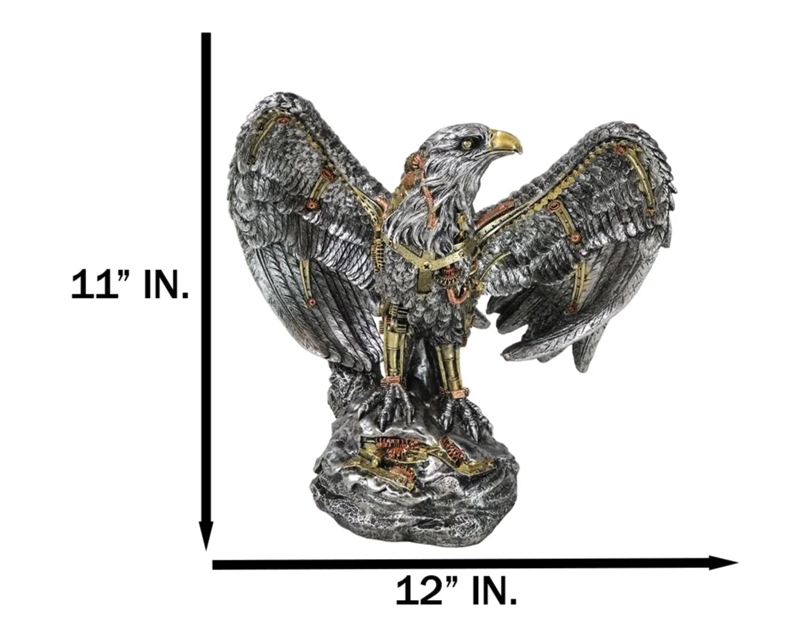 Large Geared Clockwork Steampunk Nano Cyborg Eagle with Open Wings Figurine - Image 2