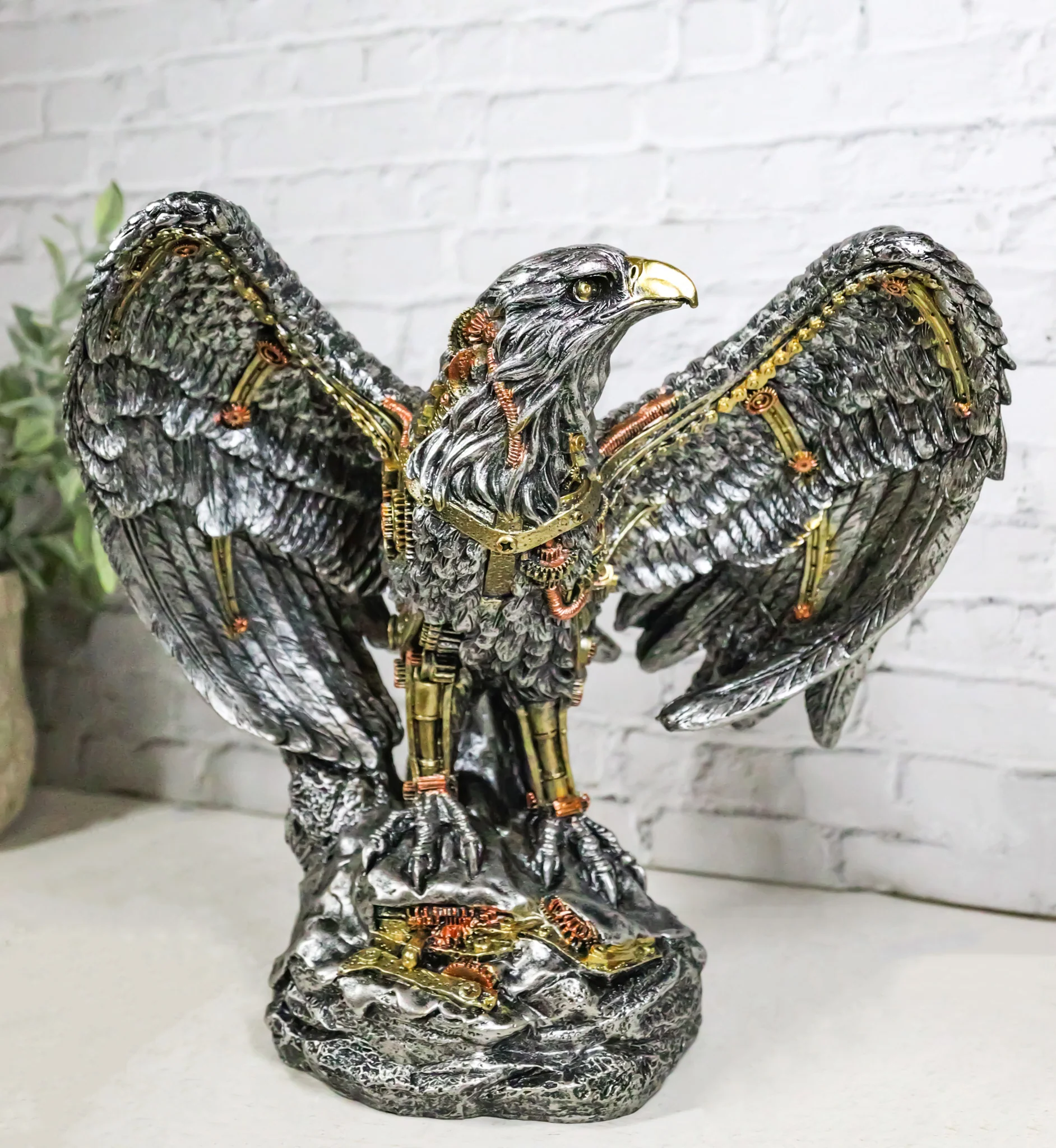 Large Geared Clockwork Steampunk Nano Cyborg Eagle with Open Wings Figurine - Image 9