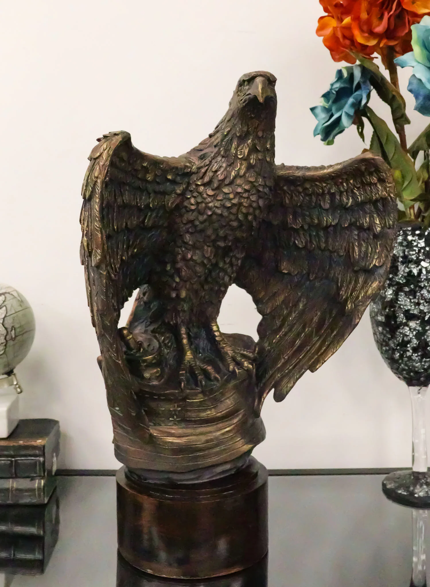 Large Grand Bald Eagle Perching On USA American Flag Figurine With Round Base - Image 12
