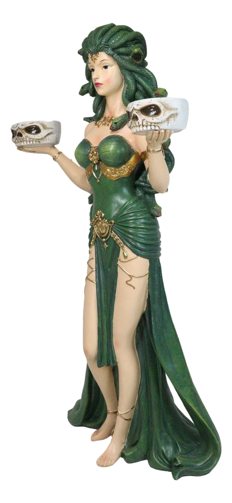 Large Greek Gorgon Goddess Medusa In Green Gown Dual Votive Candleholders Statue - Image 4
