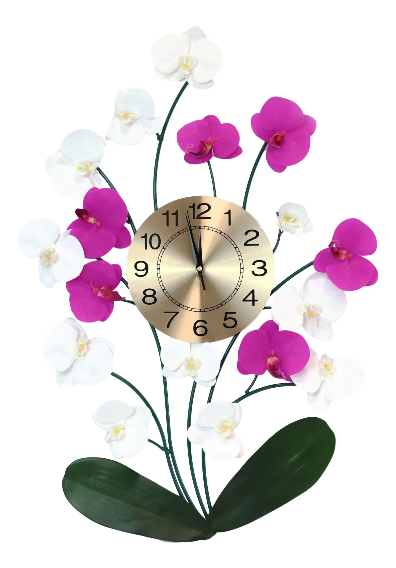 Large Lifelike White Purple Floral Orchid Blooms Gold Plated Metal Wall Clock - Image 2