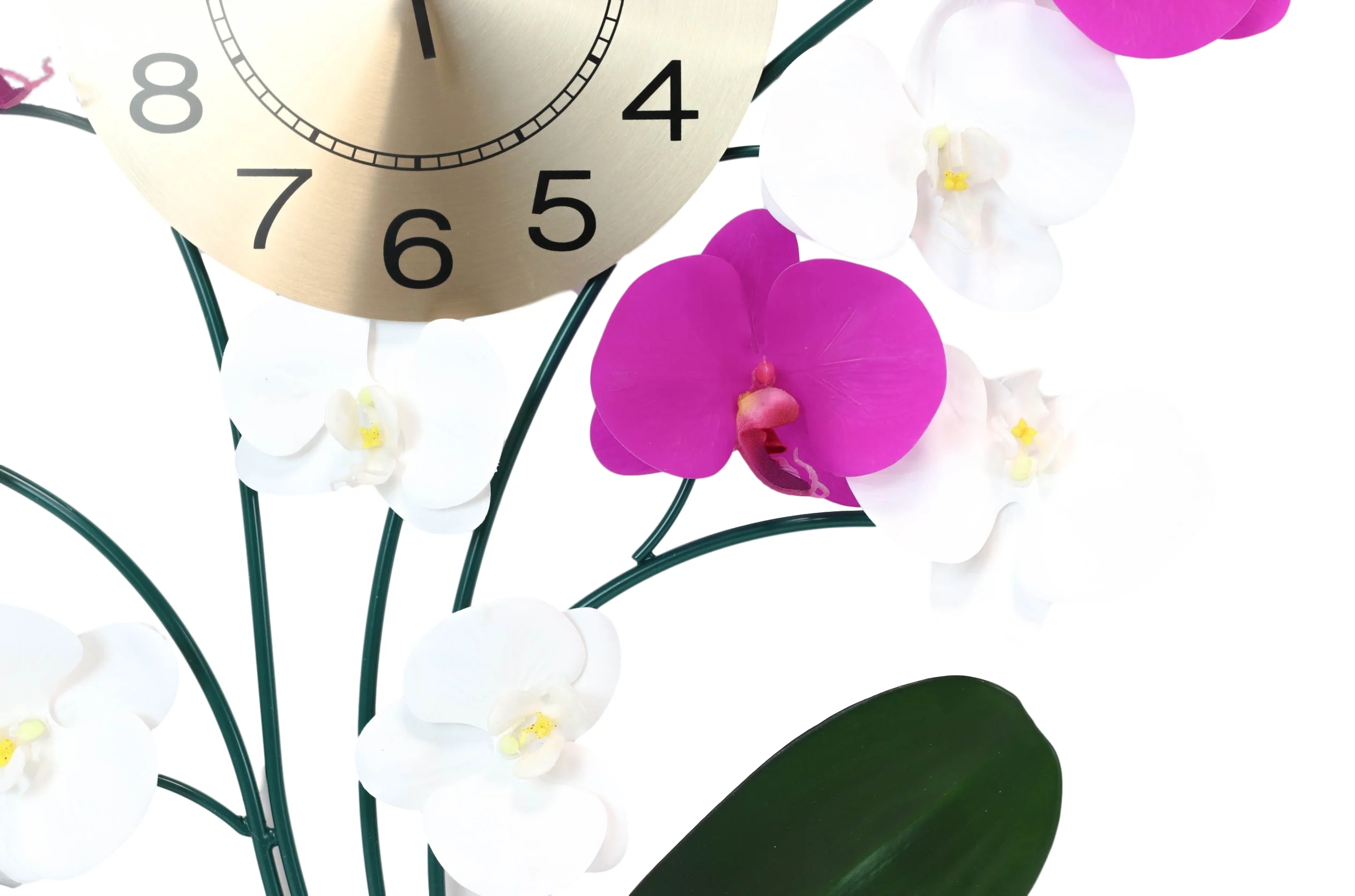 Large Lifelike White Purple Floral Orchid Blooms Gold Plated Metal Wall Clock - Image 3
